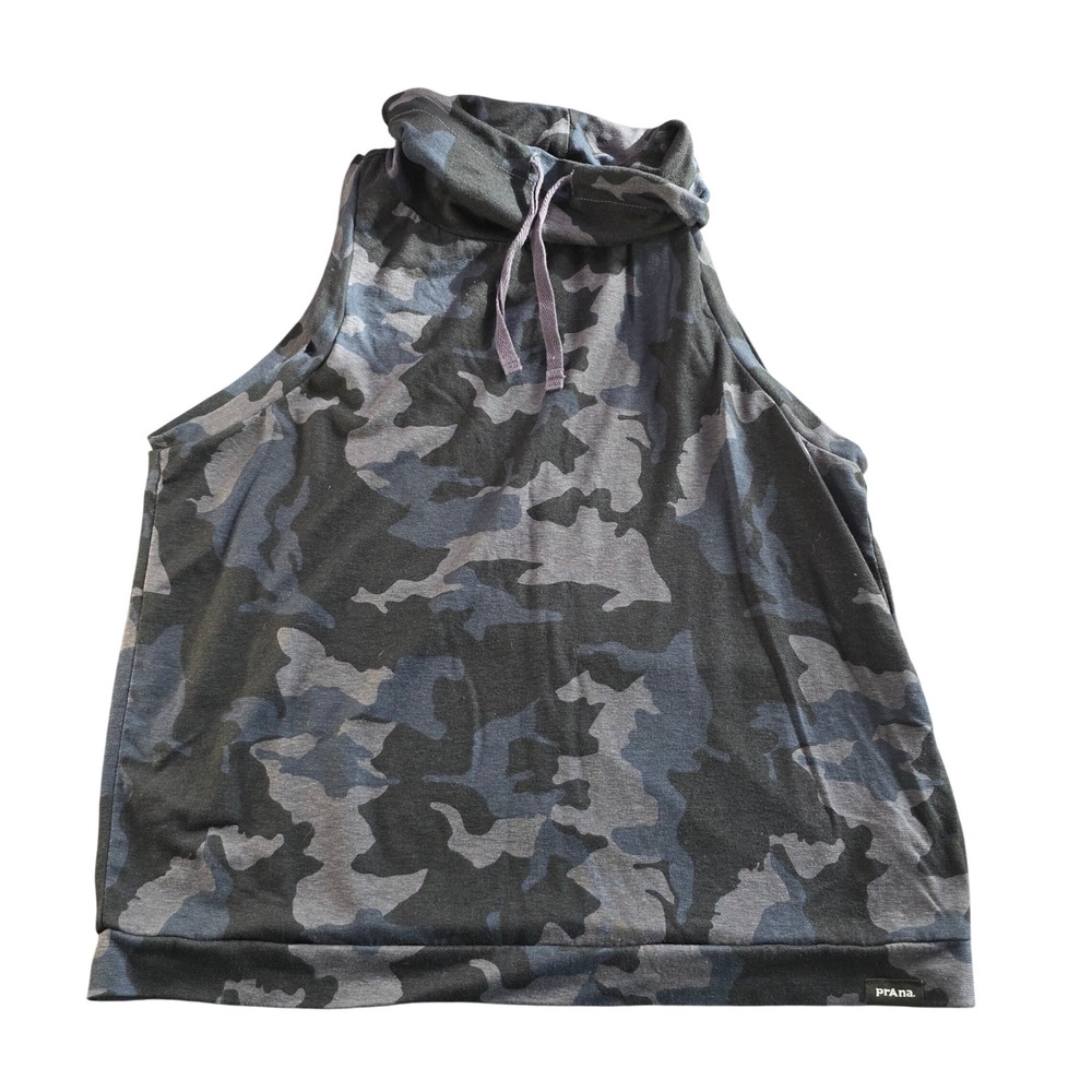prAna Sleeveless Cowl Neck Top Camo Hemp Blend Small Blue Gray Gorpcore